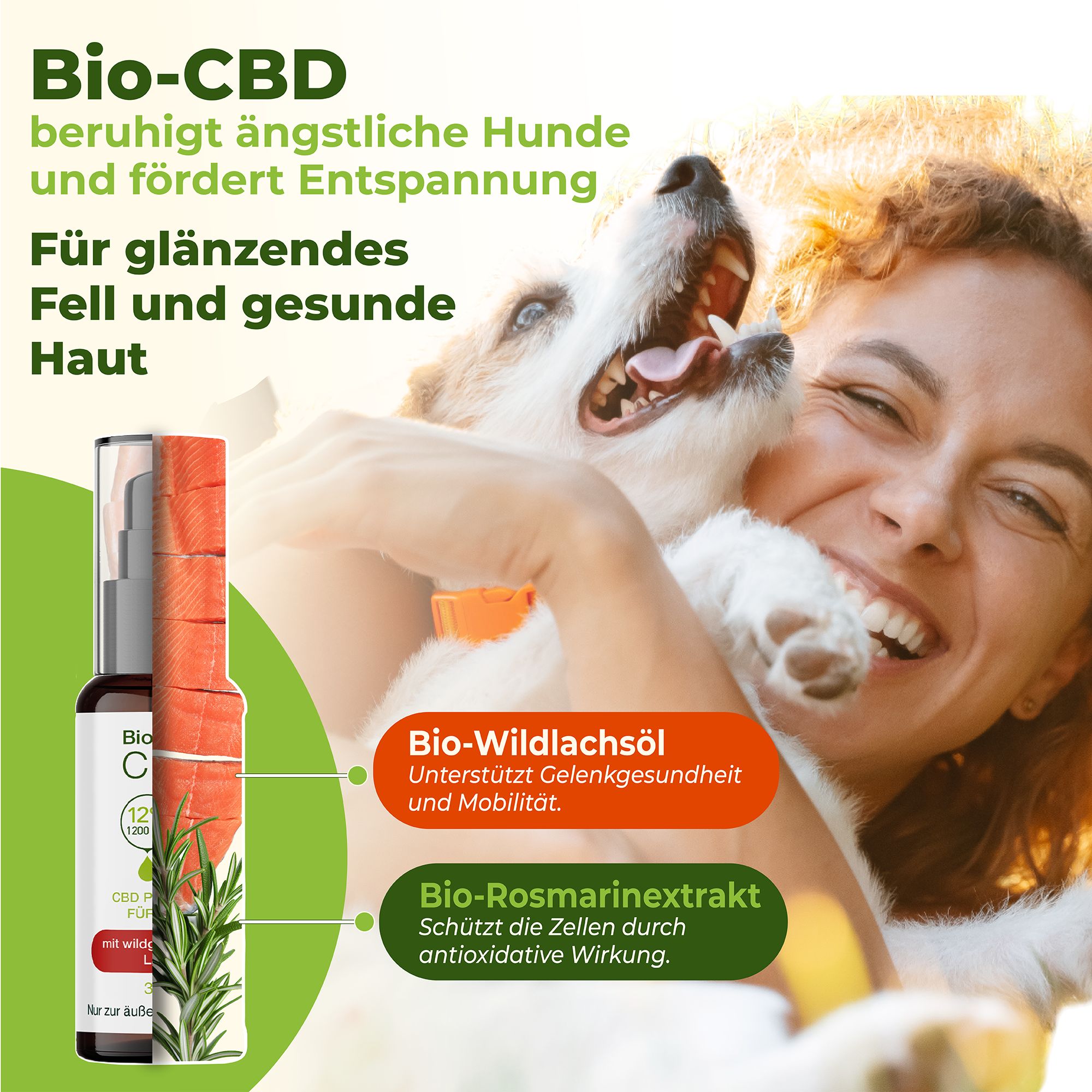 Frau umarmt Hund. Bio-CBD Öl-Flasche mit Pumpe. Text: Bio-CBD beruhigt ängstliche Hunde und fördert Entspannung.