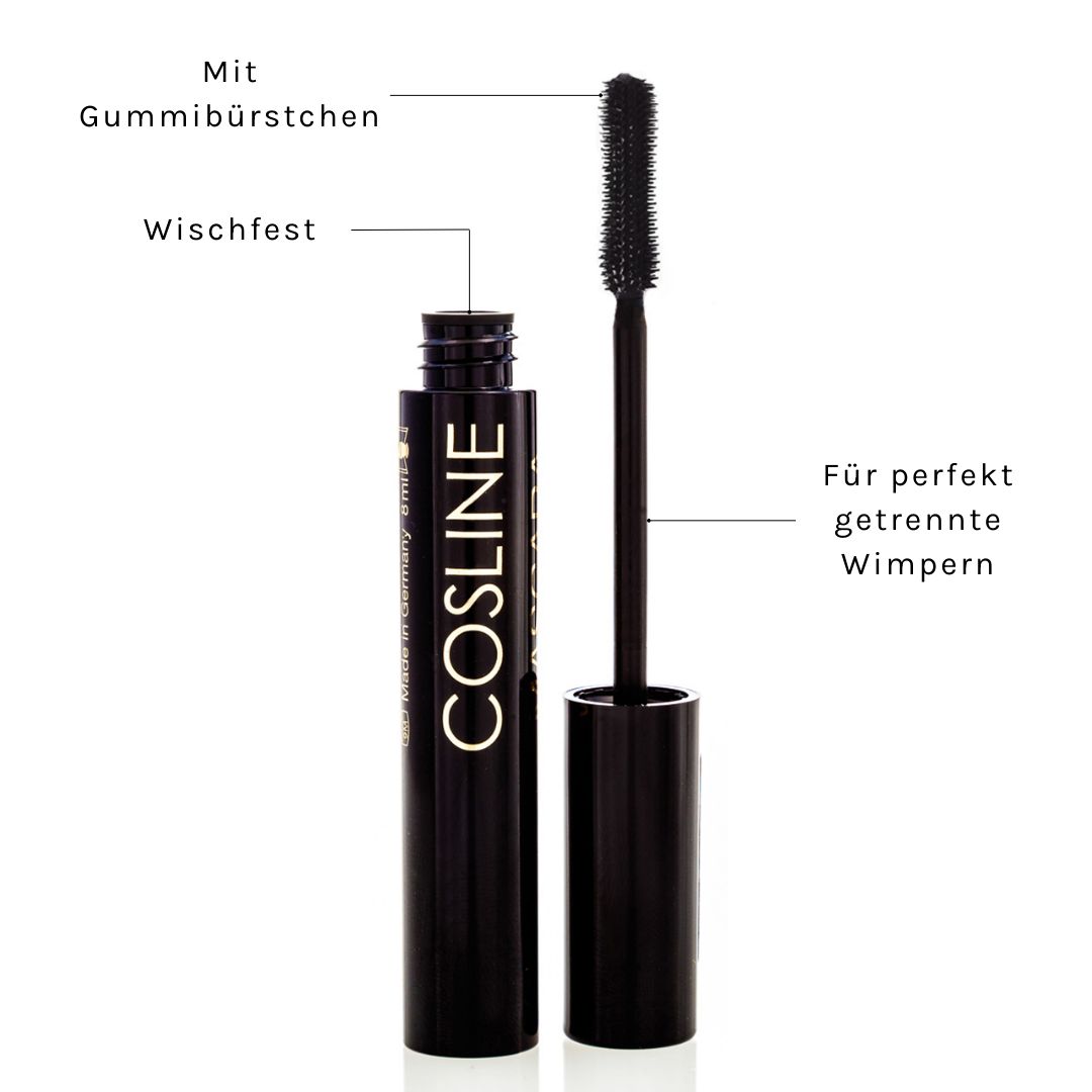 Mascara-Flakon mit Bürste. Schwarzer Flakon mit weißem Schriftzug. Bürste mit Borsten, Text: Für perfekt getrennte Wimpern.