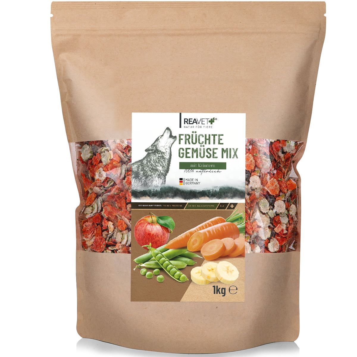 Beutel mit Früchte & Gemüse Mix mit Kräutern. Sichtfenster zeigen Inhalt. Etikett mit Illustrationen von Obst und Gemüse.