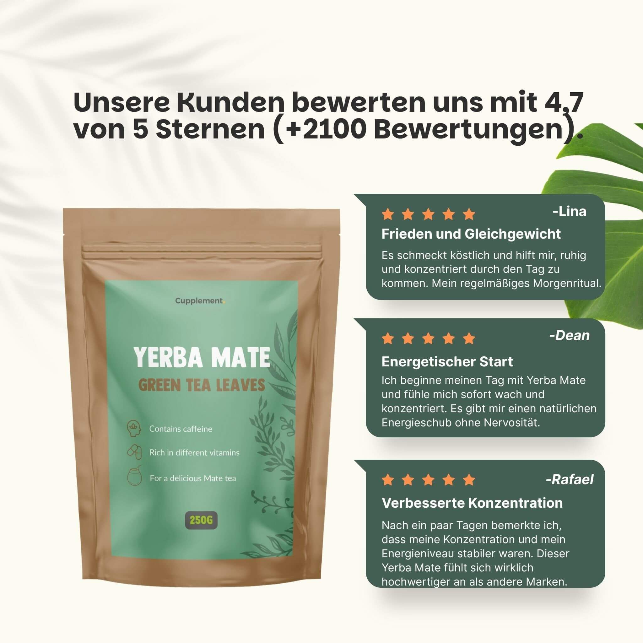 Beutel Yerba Mate mit Text und Bewertungen. Text: Yerba Mate Green Tea Leaves. Kundenbewertung 4.7/5.