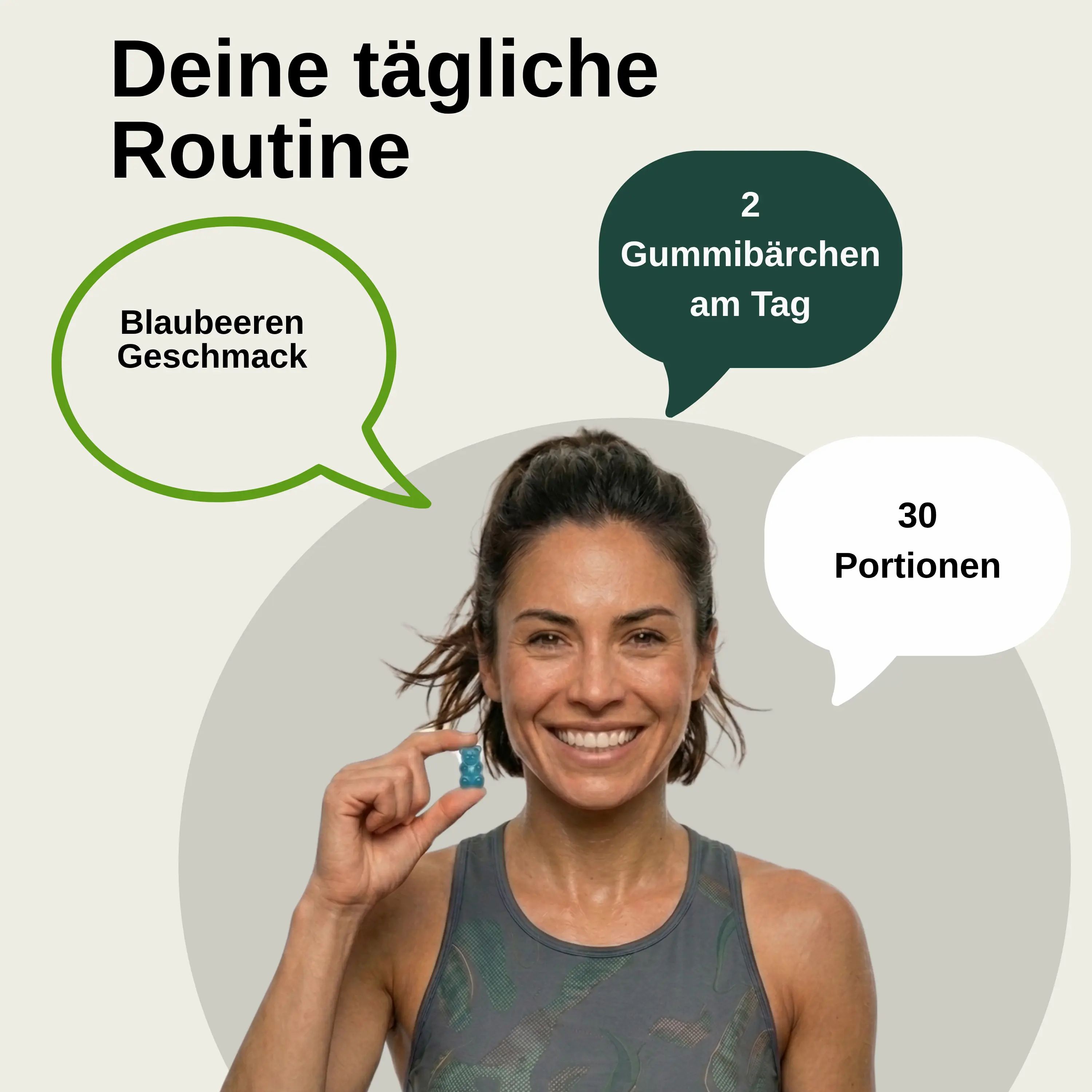Frau hält einen blauen Gummibärchen, Sprechblasen mit 'Blaubeeren Geschmack', '2 Gummibärchen am Tag', '30 Portionen'.