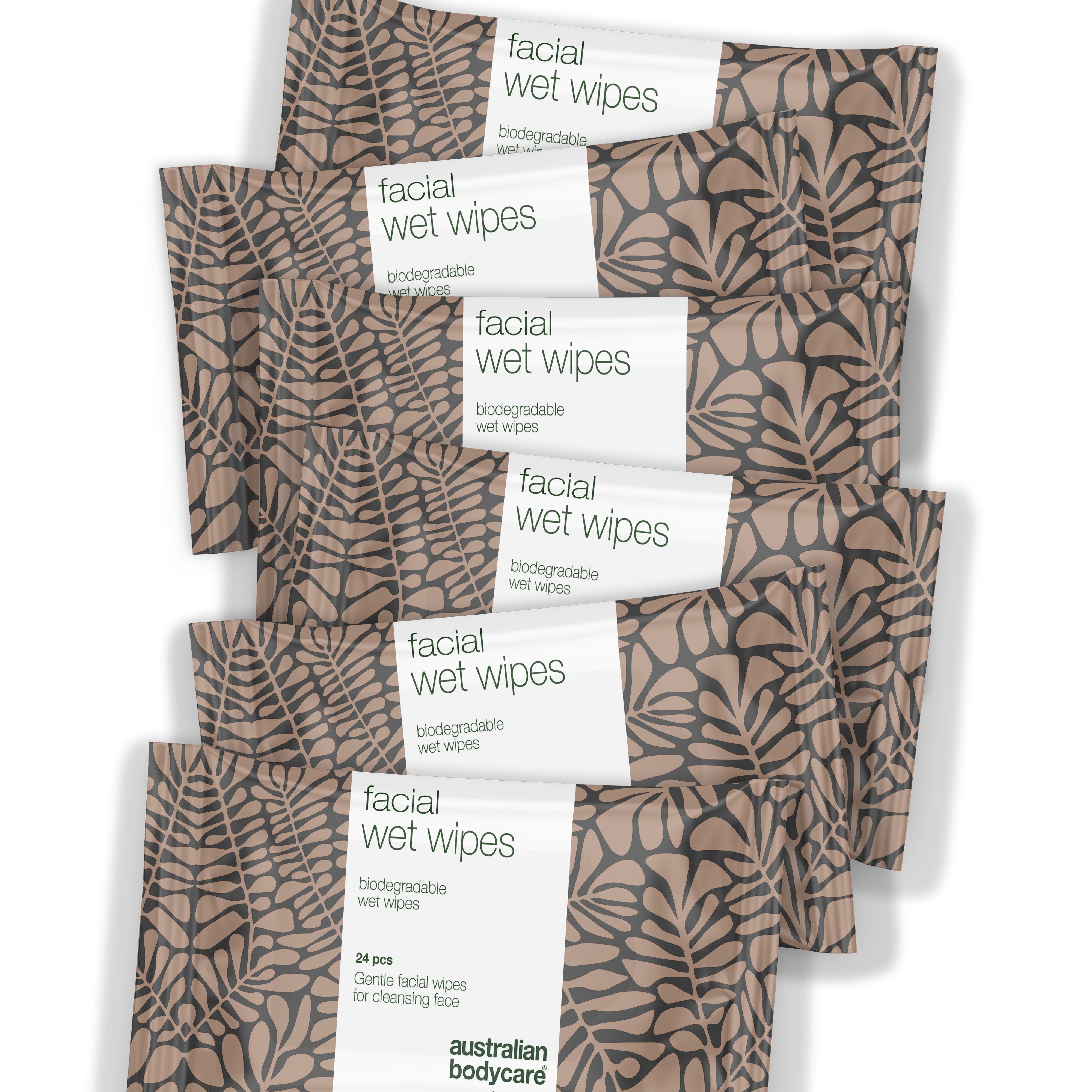 Mehrere Packungen Abschminktücher. Verpackung mit Blättermuster. Aufschrift: facial wet wipes.