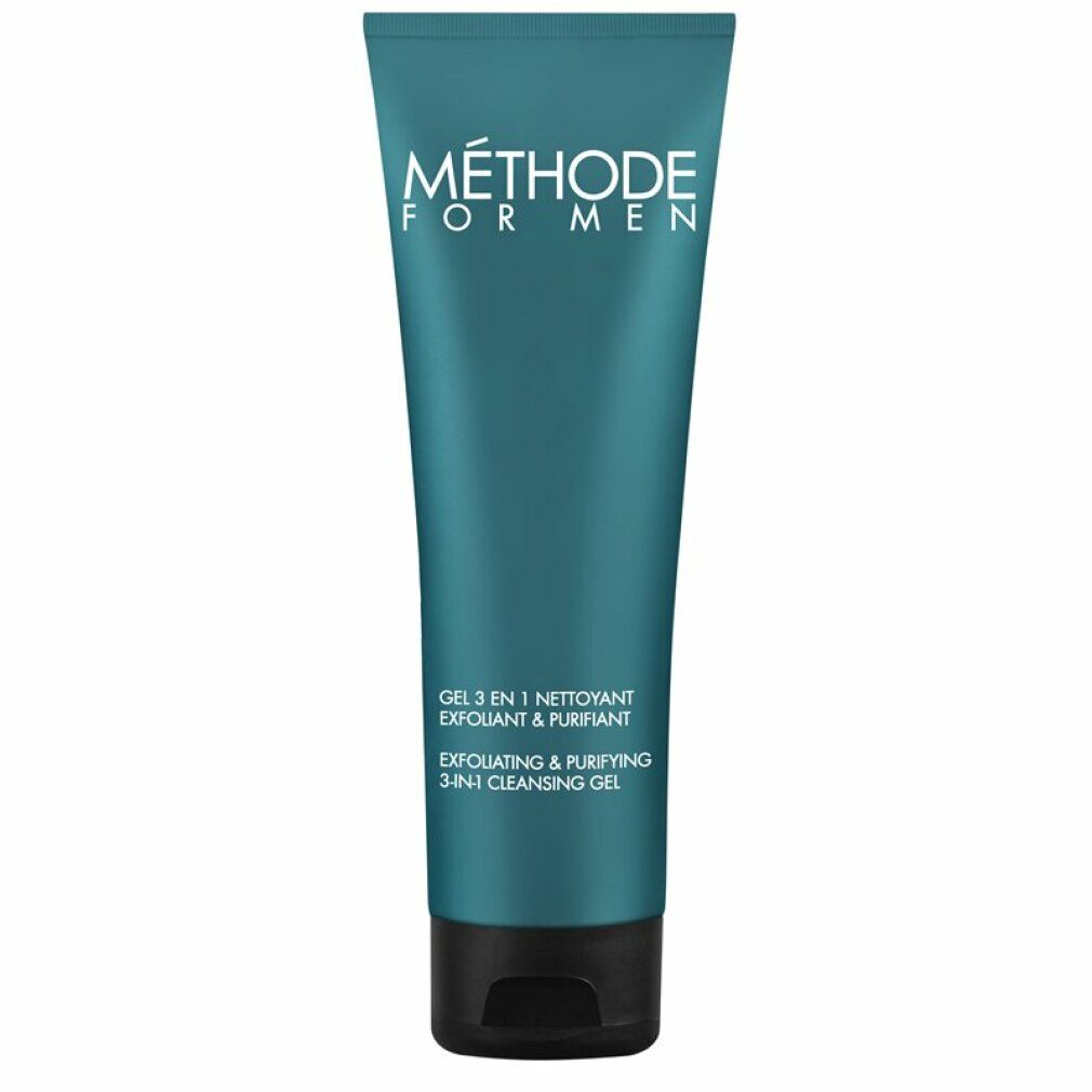 Türkisgrüne Tube mit schwarzem Deckel. Aufschrift: MÉTHODE FOR MEN, GEL 3 EN 1, EXFOLIATING & PURIFYING 3-IN-1 CLEANSING GEL.