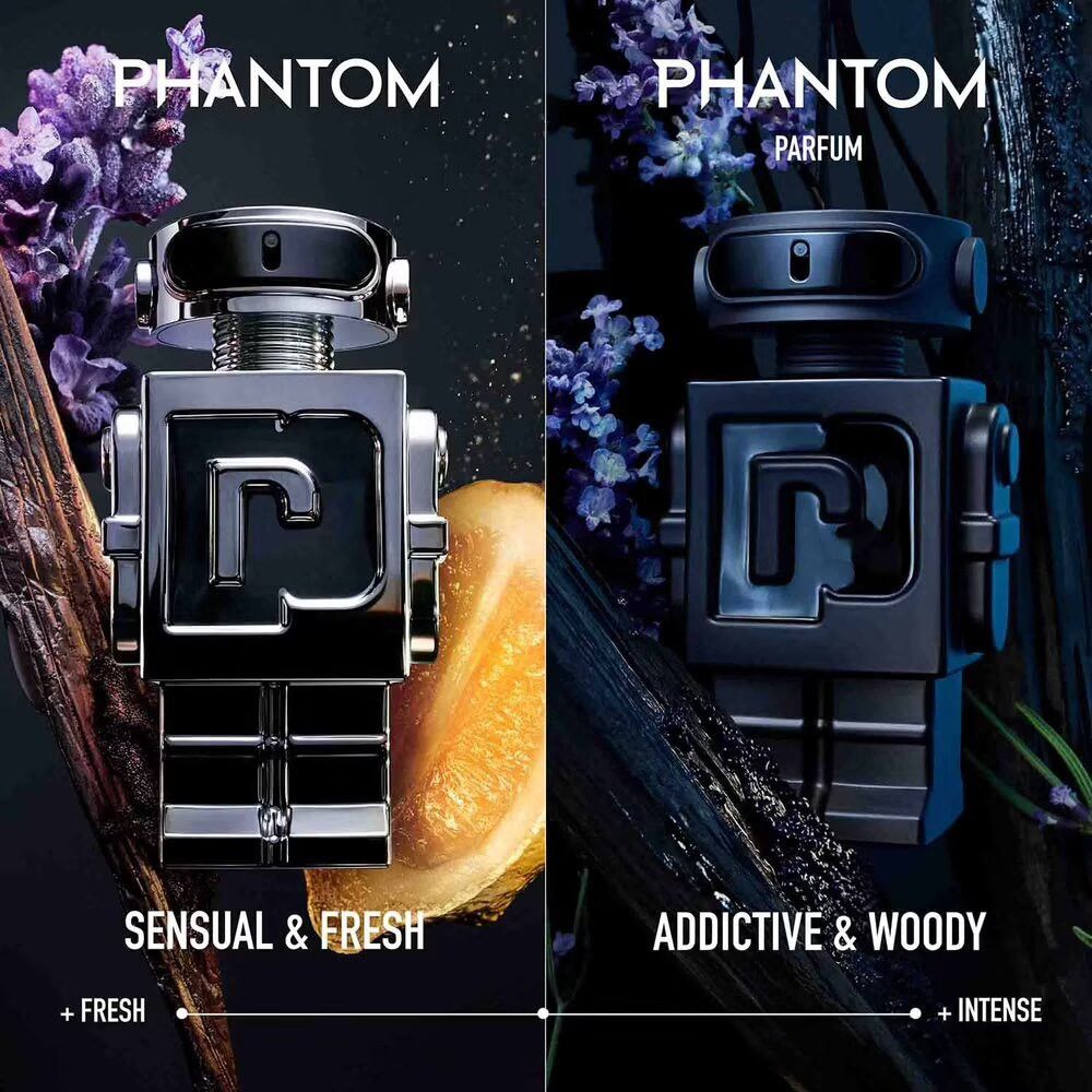 Zwei Roboterflakons, einer silber, einer schwarz. Text: "Phantom" und "Parfum". "Sensual & Fresh" und "Addictive & Woody".