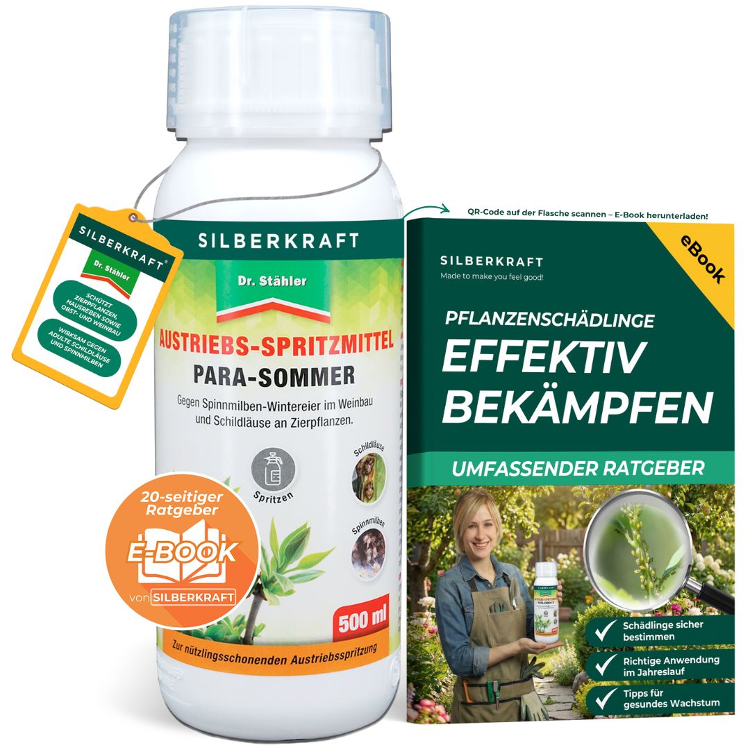 Weiße Flasche mit grünem Etikett. Aufschrift: AUSTRIEBS-SPRITZMITTEL PARA-SOMMER. E-Book-Etikett. Buch mit Titel: PFLANZENSCHÄDLINGE EFFEKTIV BEKÄMPFEN.
