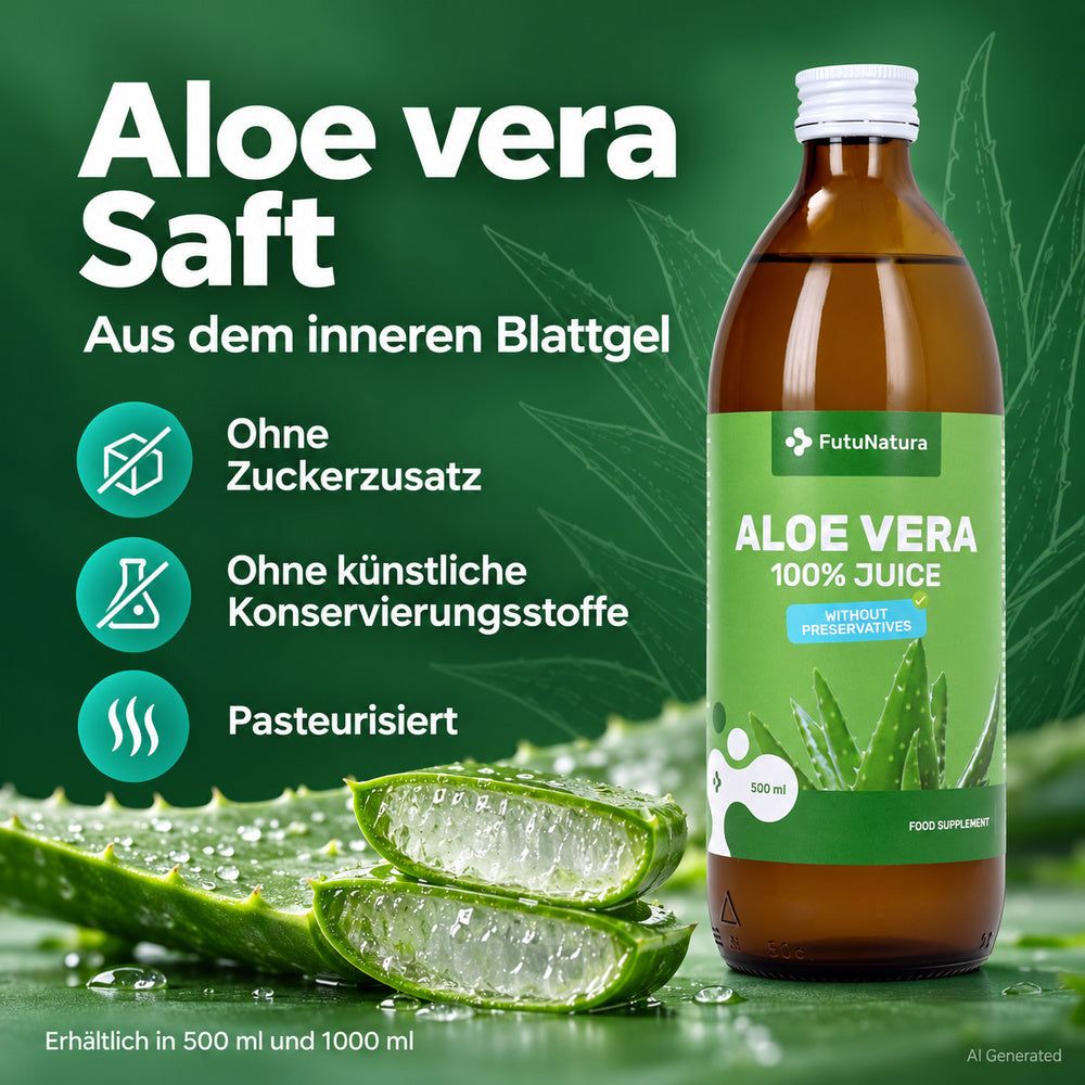 Flasche FutuNatura Aloe Vera Saft, Aloe-Vera-Blätter, Symbole für keine Zusatzstoffe.