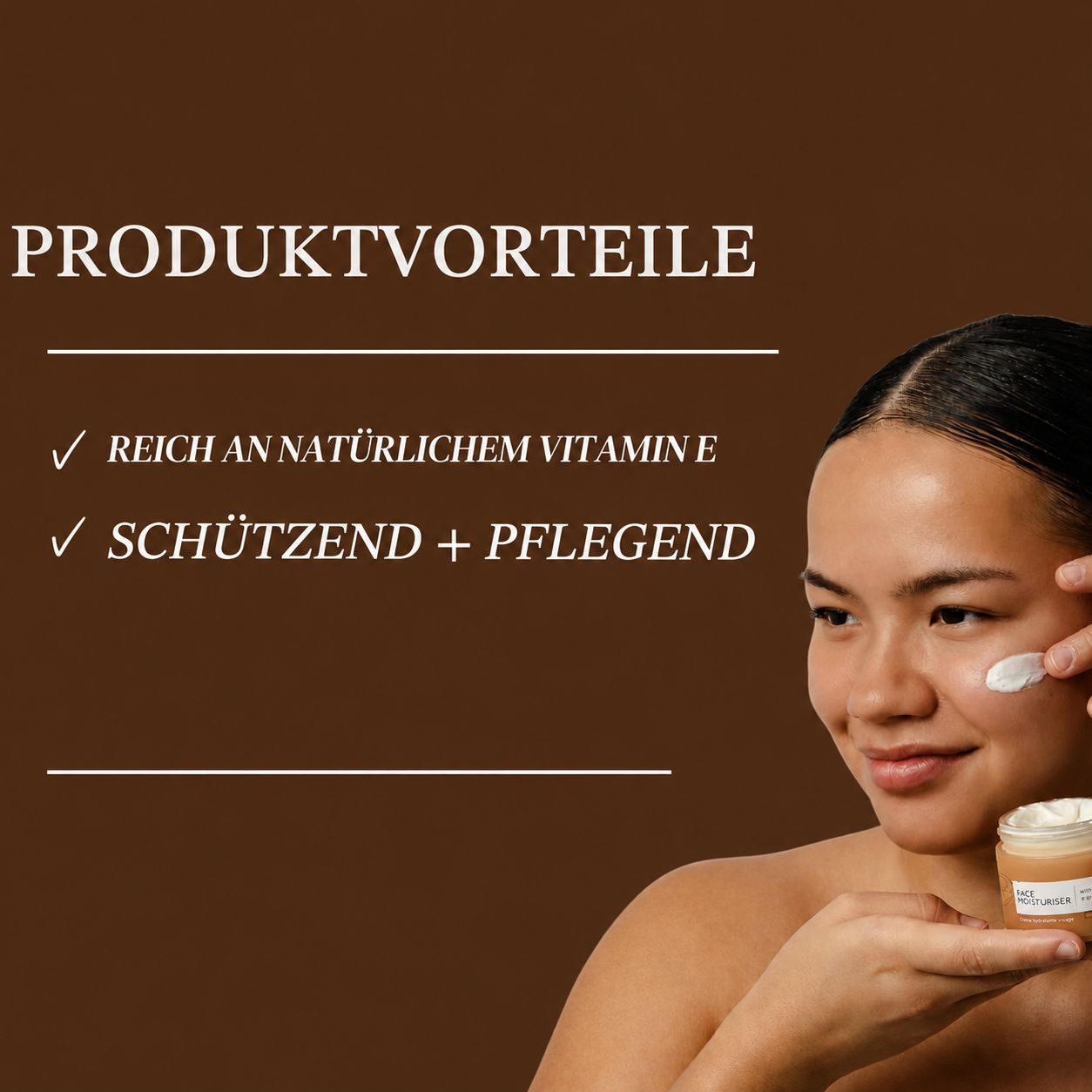 Eine Frau trägt eine Gesichtscreme auf. Die Creme ist reich an Vitamin E, schützend und pflegend.