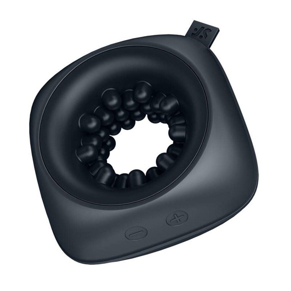 Dunkelgraues Gerät mit ringförmiger Öffnung und Noppen. Bedienknöpfe und Logo. Abgerundete Form.