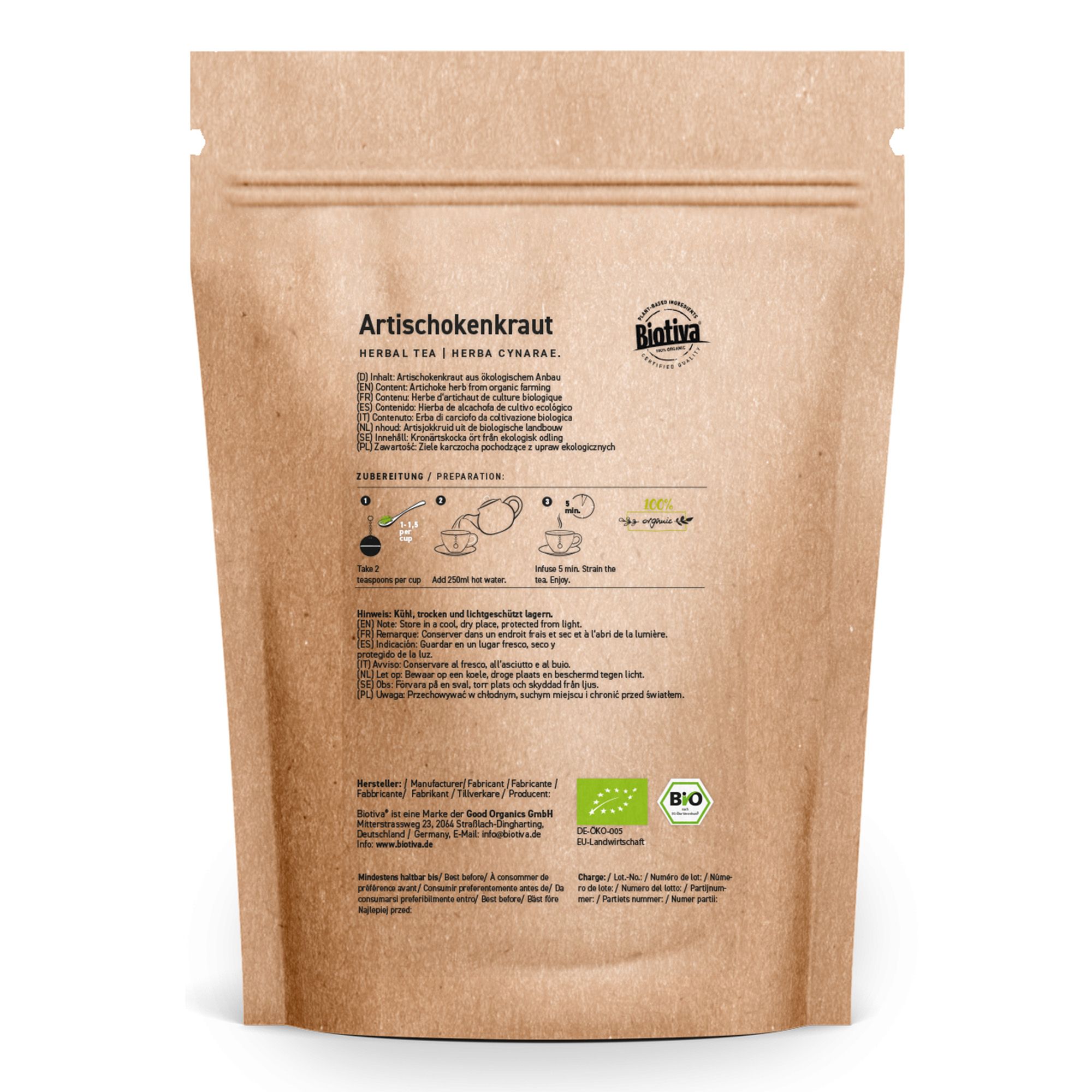 Braune Papierverpackung mit Aufdruck. Text: Artischockenkraut, Herbal Tea, Biotiva Logo, Bio-Zertifizierung, Zubereitungshinweise.