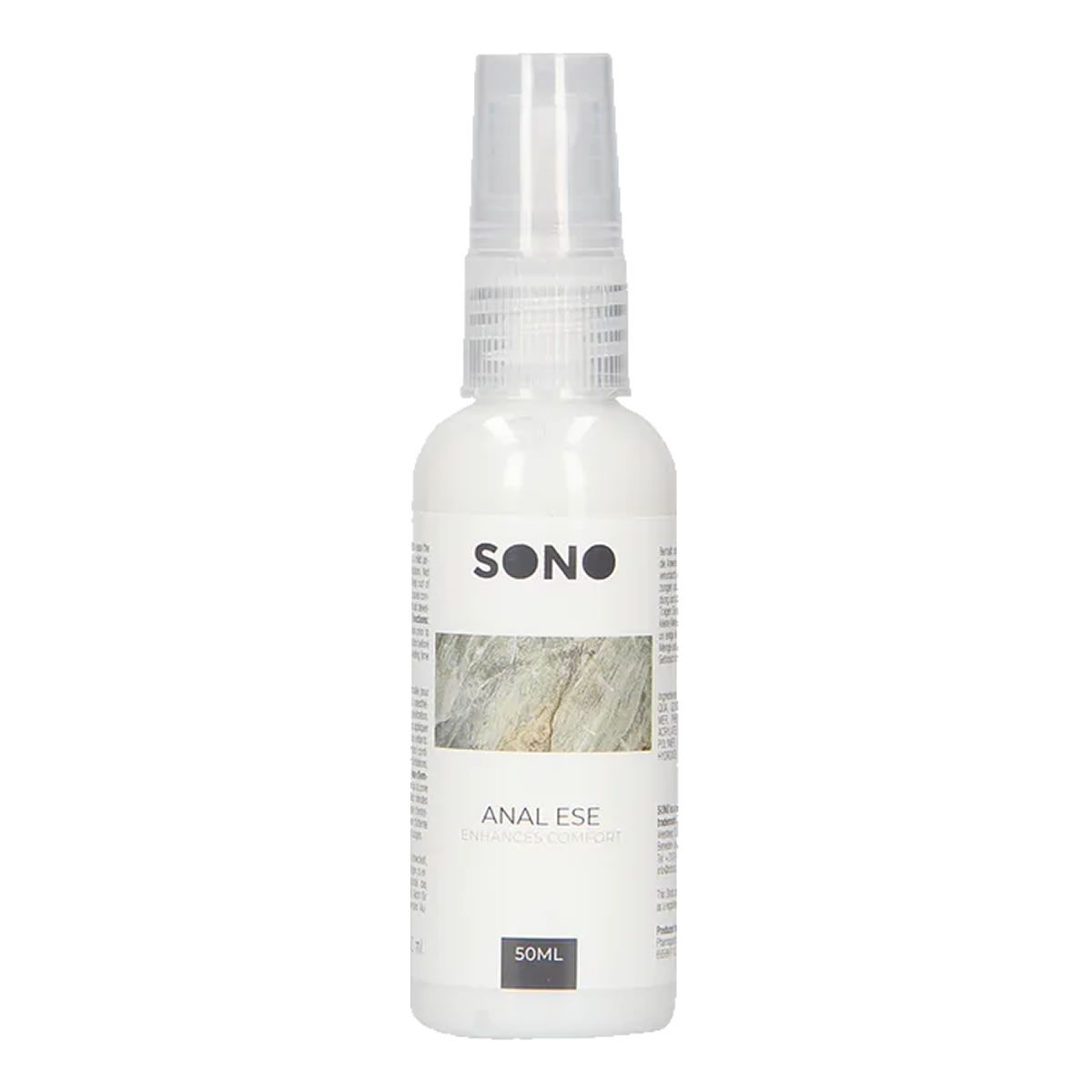 Weiße Sprühflasche mit SONO-Logo und Produktbezeichnung ANAL ESE. 50ml-Angabe. Transparenter Sprühkopf.