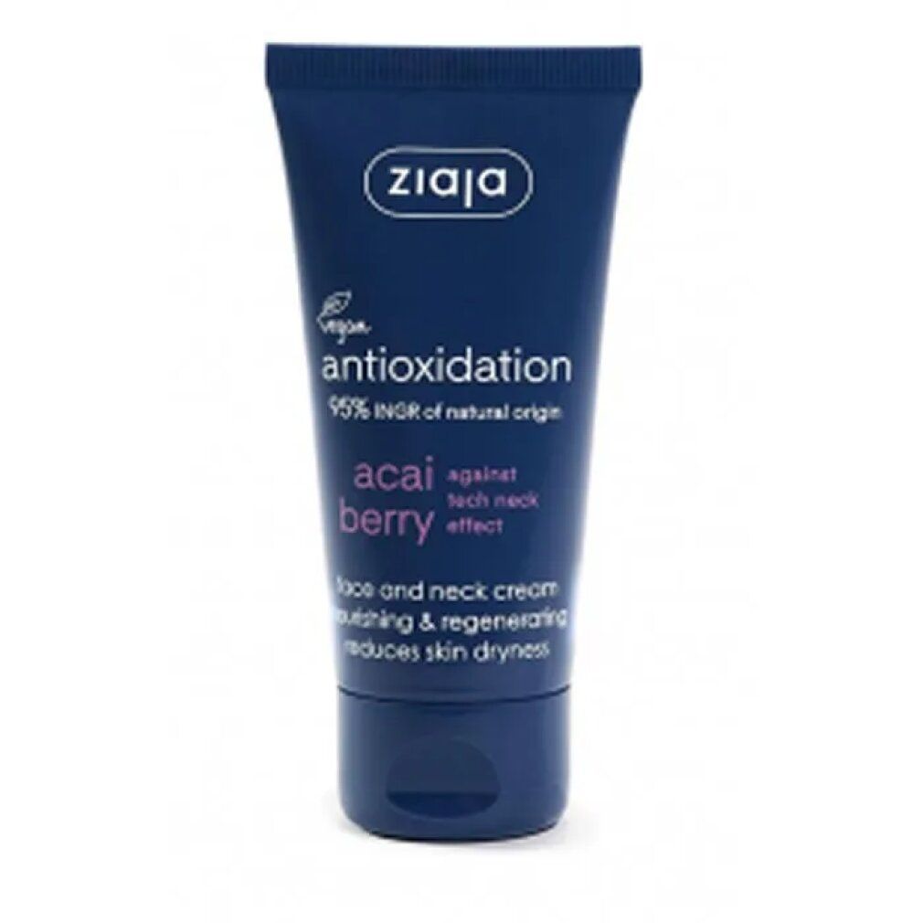 Ziaja-Tube. Blaue Tube mit Text: Antioxidationsmittel, Acai Berry, Gesichts- und Nackencrème. Logo: Ziaja. Vegan-Logo.