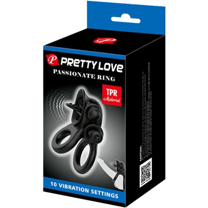 Verpackung von Pretty Love Passionate Ring. Schwarze Box mit Produktabbildung und Text: 10 Vibrationseinstellungen.