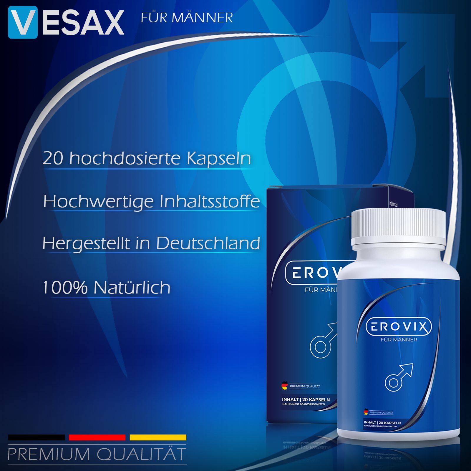 Eine weiße Flasche mit blauem Etikett und eine blaue Schachtel. Auf dem Etikett steht "Erovix für Männer". Text: 20 hochdosierte Kapseln, hergestellt in Deutschland.