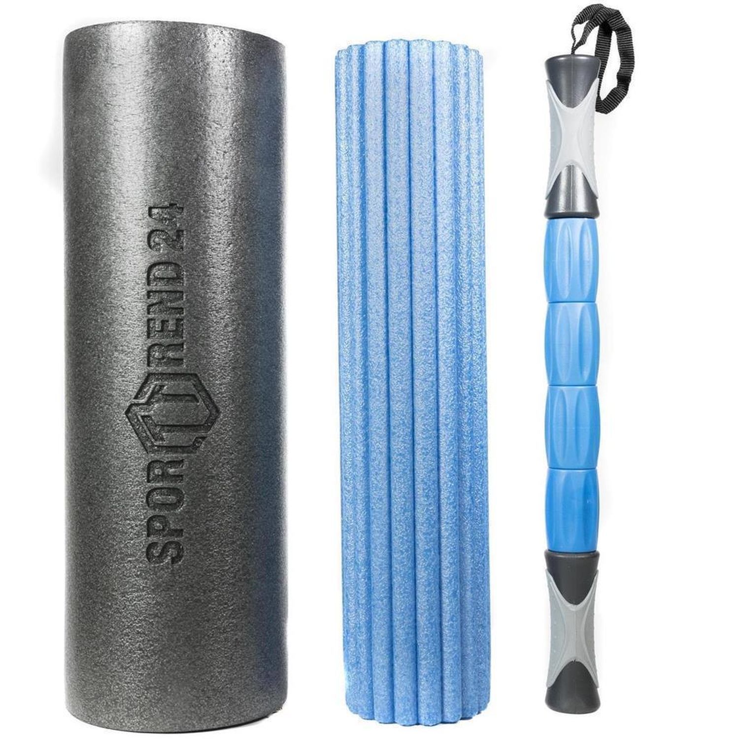 Graue Faszienrolle, blaue geriffelte Rolle und blaue Massagestange. Alle Produkte sind von Sporttrend 24.