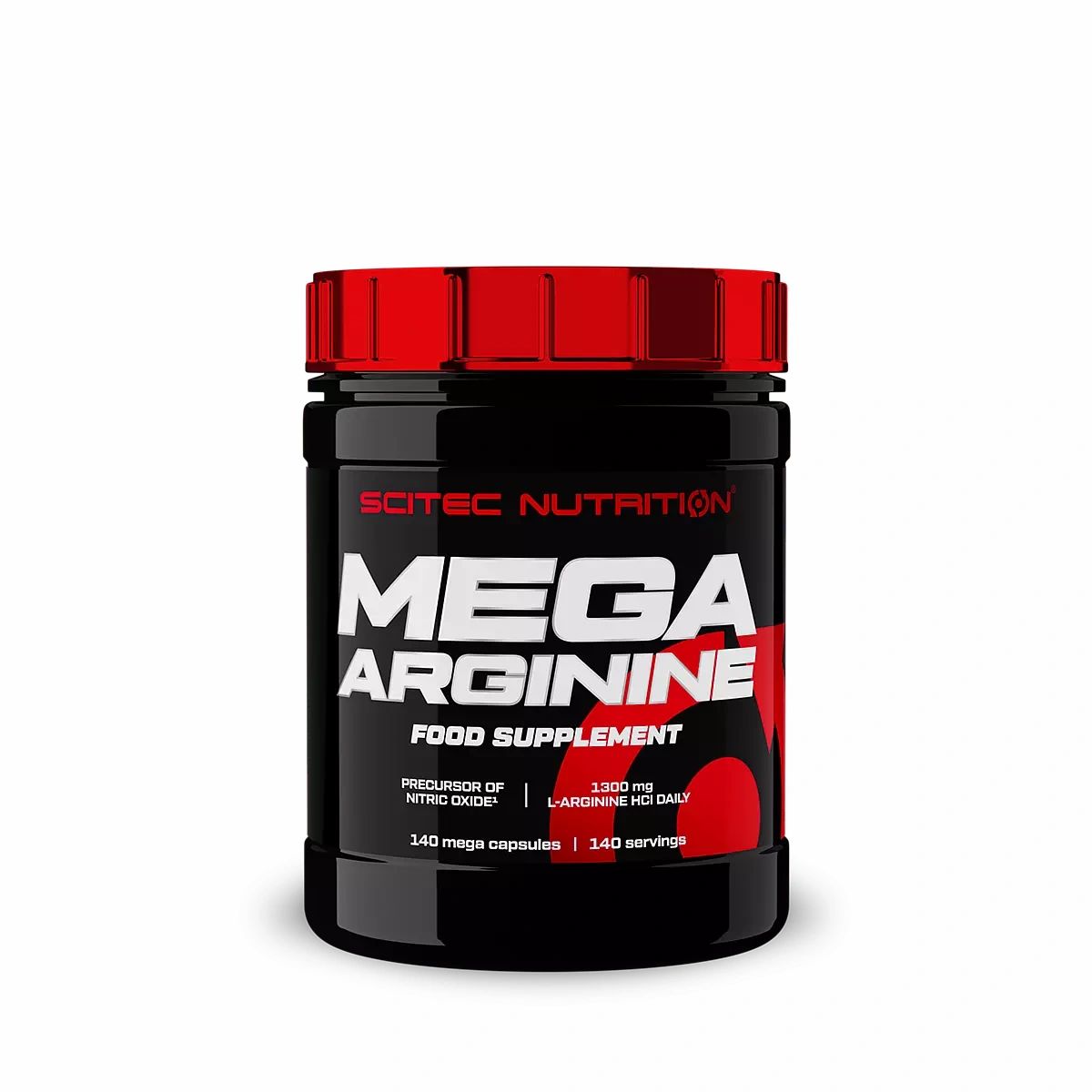 Schwarze Dose mit rotem Deckel. Aufschrift: Scitec Nutrition, Mega Arginine, Nahrungsergänzungsmittel. Enthält 140 Kapseln.