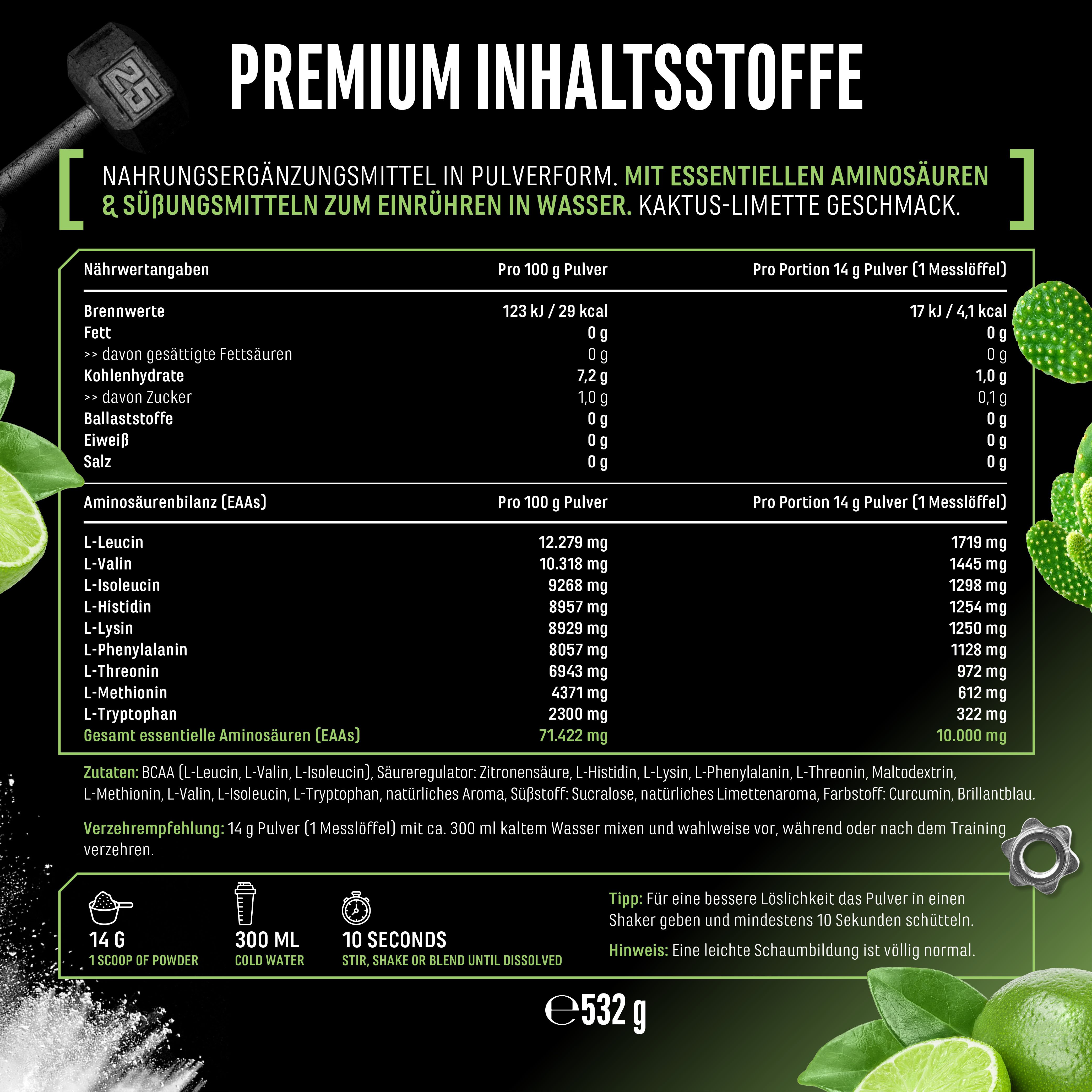 Nährwerttabelle für GEN EAA 9. Enthält Informationen zu Brennwert, Fetten, Kohlenhydraten, Eiweiß und Salz. Aminosäurenprofil und Zutaten.