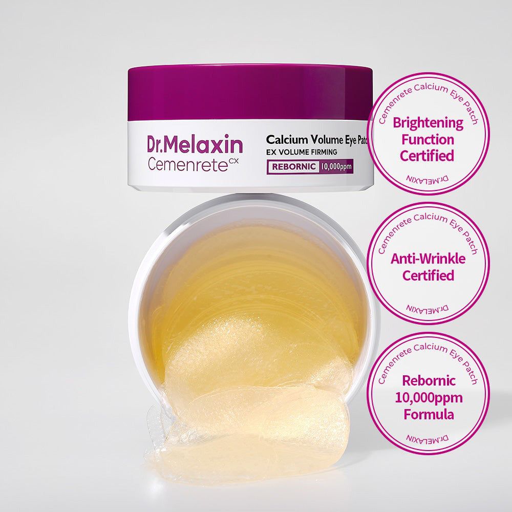Dr. Melaxin Cemenrete Calcium Volume Eye Patch Behälter mit gelben Augenpads und Zertifizierungen.