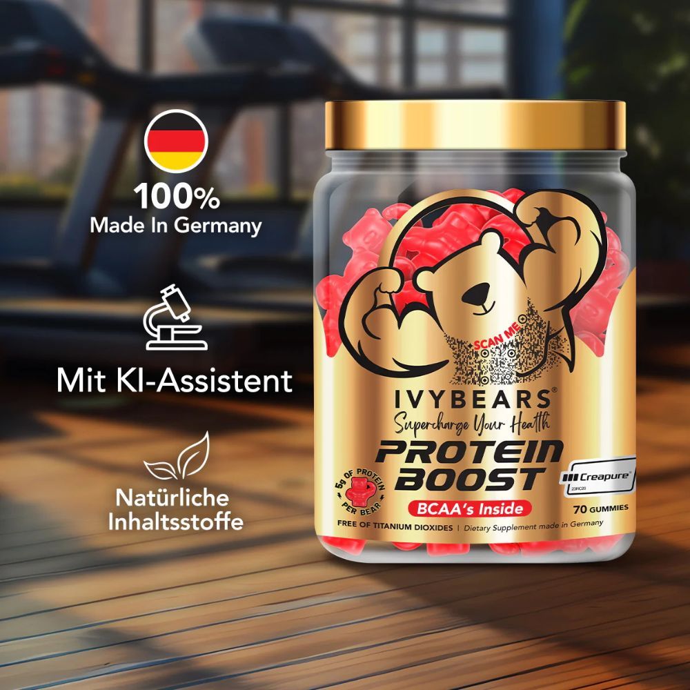 Glas mit roten Gummibärchen. Aufschrift: IVYBEARS Protein Boost. 100% Made in Germany. Mit KI-Assistent. Natürliche Inhaltsstoffe.