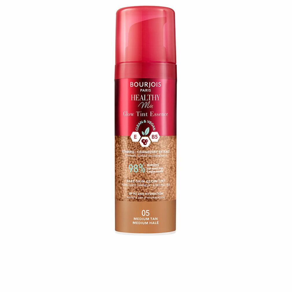 Bourjois Paris Healthy Mix Glow Tint Essence. Rote und braune Flasche. 05 Medium Tan. 98% Inhaltsstoffe natürlichen Ursprungs.