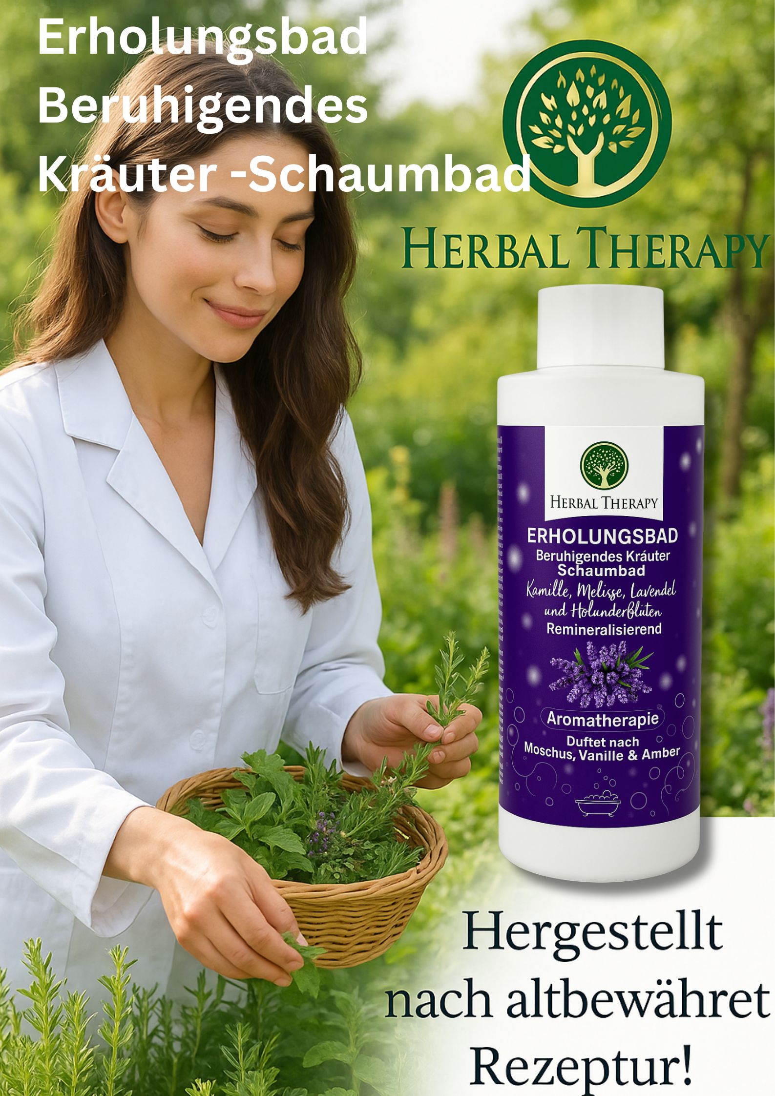Frau mit Flakon und Kräutern. Flakon mit lila Etikett: Erholungsbad, Kräuter-Schaumbad. Kräuterextrakte: Kamille, Melisse, Lavendel, Holunderblüten. Herbal Therapy Logo.