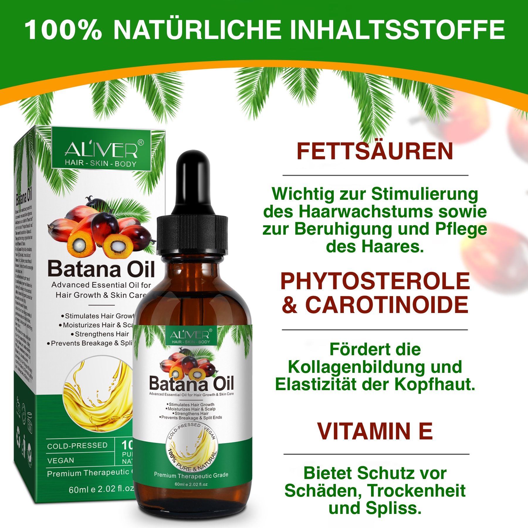 ALIVER Batana Öl Haaröl, Flasche mit Pipette, neben Verpackung. Text: 100% natürliche Inhaltsstoffe. Enthält Fettsäuren, Vitamin E, Phytosterole.