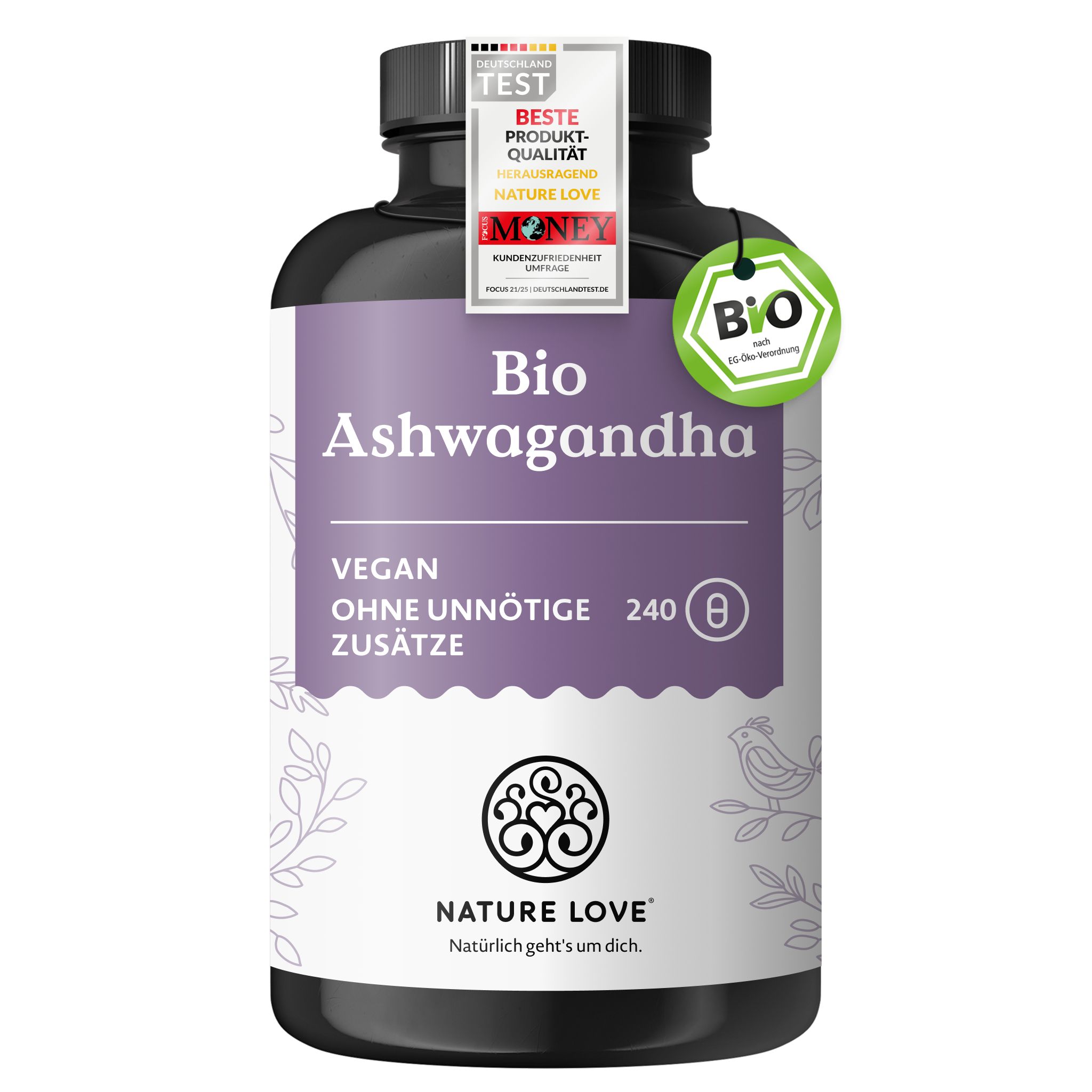 Flasche Bio Ashwagandha Kapseln, Siegel 'Bio', 'Vegan', 'Ohne unnötige Zusätze', '240 Kapseln'.