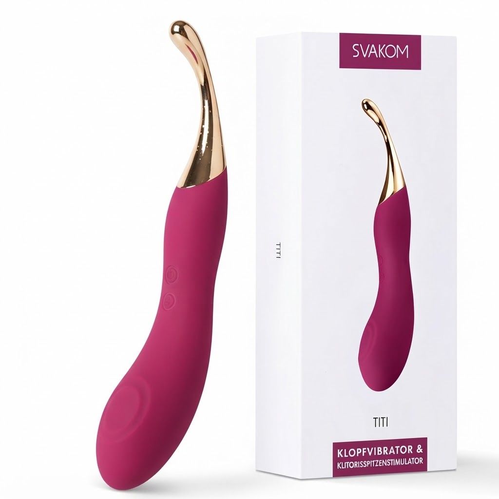 Lila Vibrator mit goldenem Akzent am Kopf, neben seiner Verpackung.