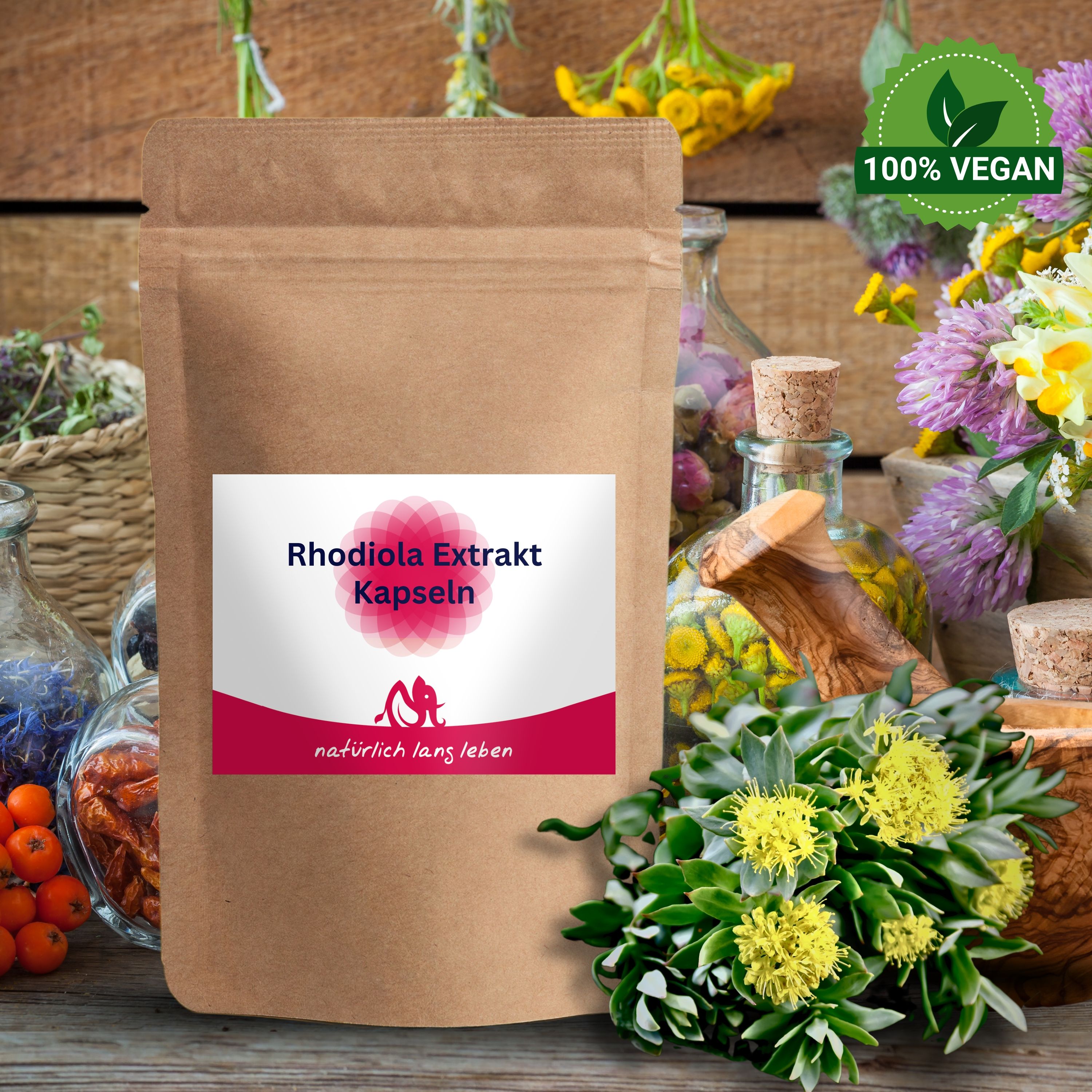 Braune Tüte mit Etikett. Aufschrift: Rhodiola Extrakt Kapseln. Logo: natürlich lang leben. 100% Vegan-Siegel.