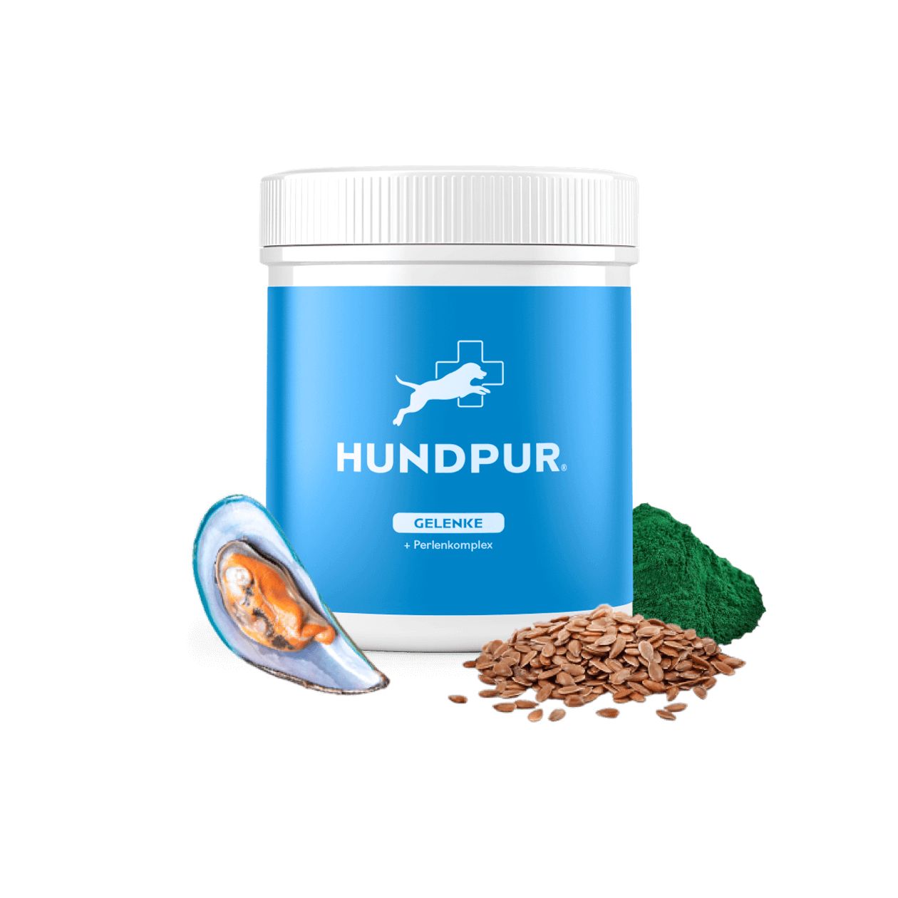 Blau-weiße Dose mit "HUNDPUR"-Logo, Muschel, Leinsamen und Algen. Text: "Gelenke + Perlenkomplex".