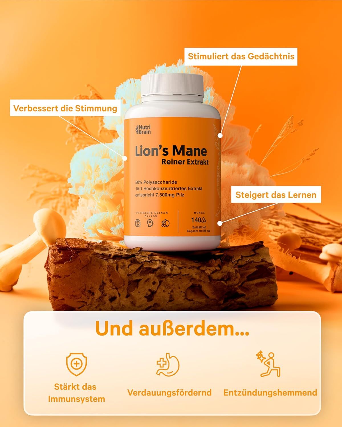 Nutri Brain Lion's Mane Kapsel. Stimuliert Gedächtnis, verbessert Stimmung, steigert Lernen.