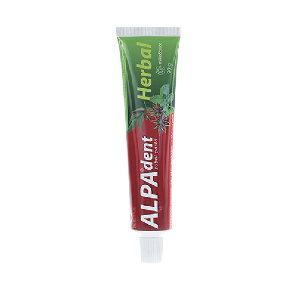 Zahnpasta-Tube Alpa-Dent Kräuterzahnpasta. Grün-rote Tube mit Schriftzug 'Herbal' und 'Alpa-Dent'.