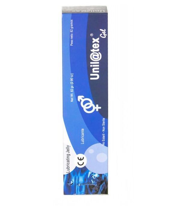 Blaue Verpackung mit Produktnamen und Symbolen. CE-Kennzeichnung. Aufschrift: Lubricating Jelly.
