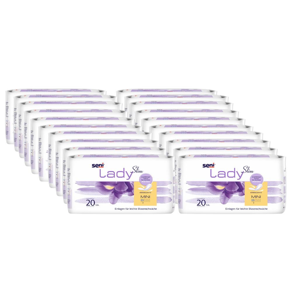 Mehrere Packungen Seni Lady Slim Mini. Verpackung mit lila Akzenten und Produktinformationen. 20 Stück pro Packung.