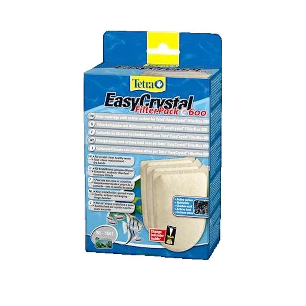 Verpackung mit Filterpatronen. Text: Tetra EasyCrystal FilterPack 600. Enthält Aktivkohle. Für Aquarien.