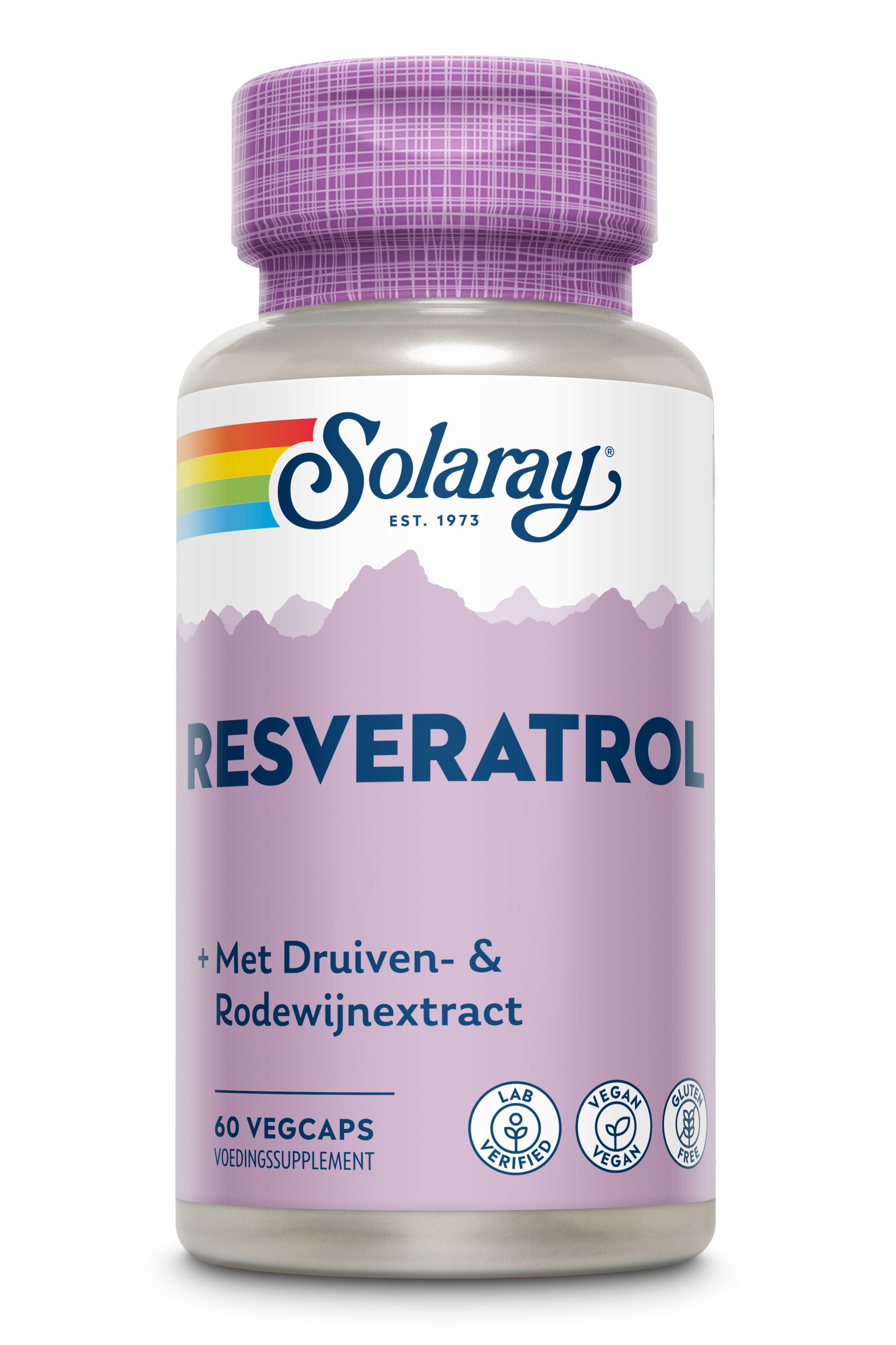 Eine Flasche Solaray Resveratrol. Lila Kappe, weißes Etikett mit Logo, Produktname und Zertifizierungen. Enthält 60 Vegcaps.