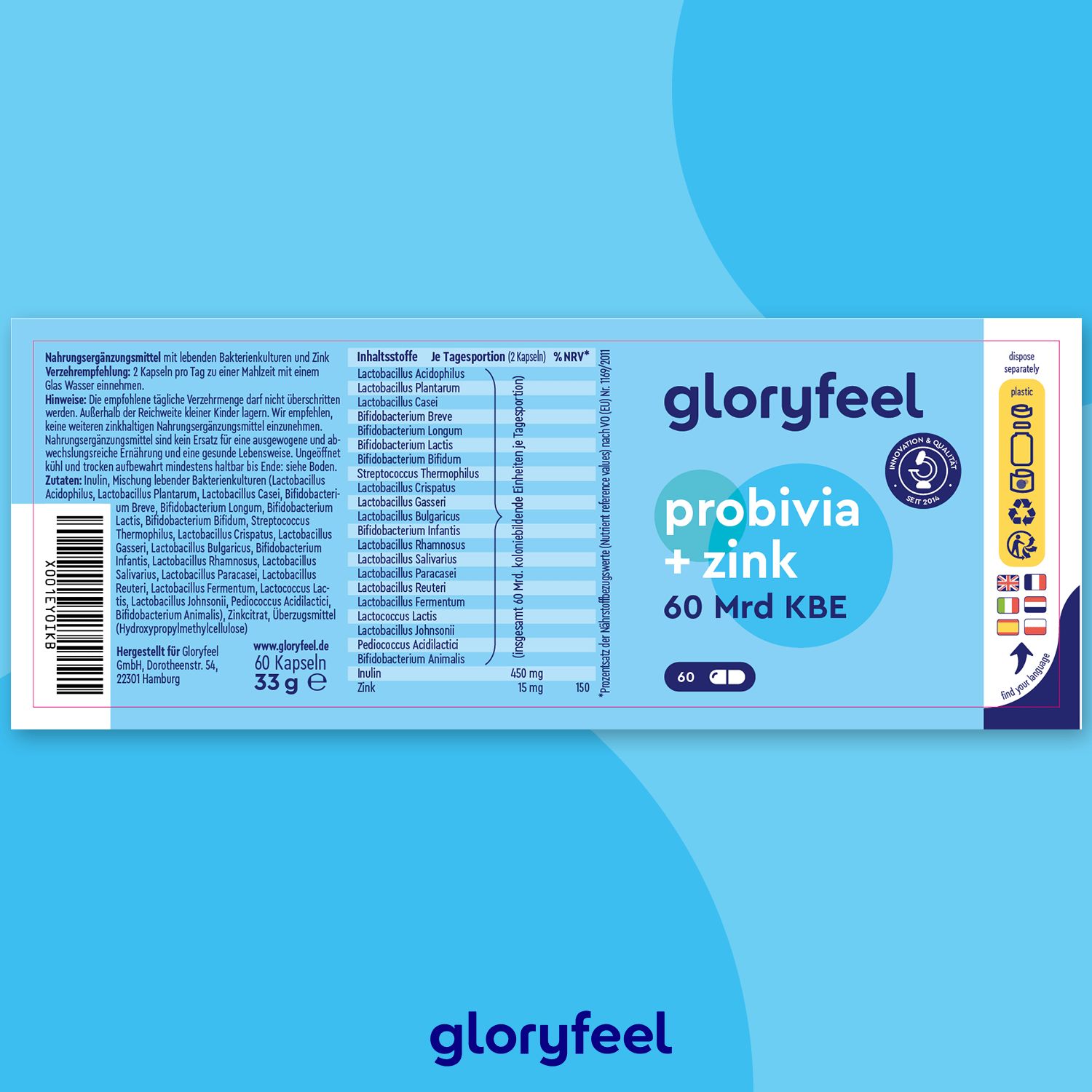 Blau-weiße Produktverpackung mit Text: gloryfeel probivia + zink, 60 Mrd KBE. Enthält Bakterienkulturen und Zink.