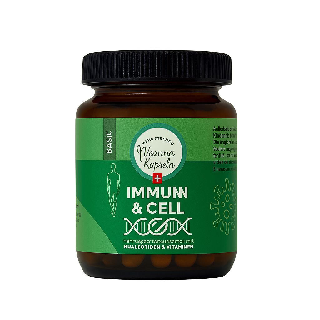 Braune Glasflasche mit schwarzem Deckel. Grün-weißes Etikett mit Text: IMMUN & CELL, NUKLEOTIDEN & VITAMINEN. Marke: Veanna Kapseln.
