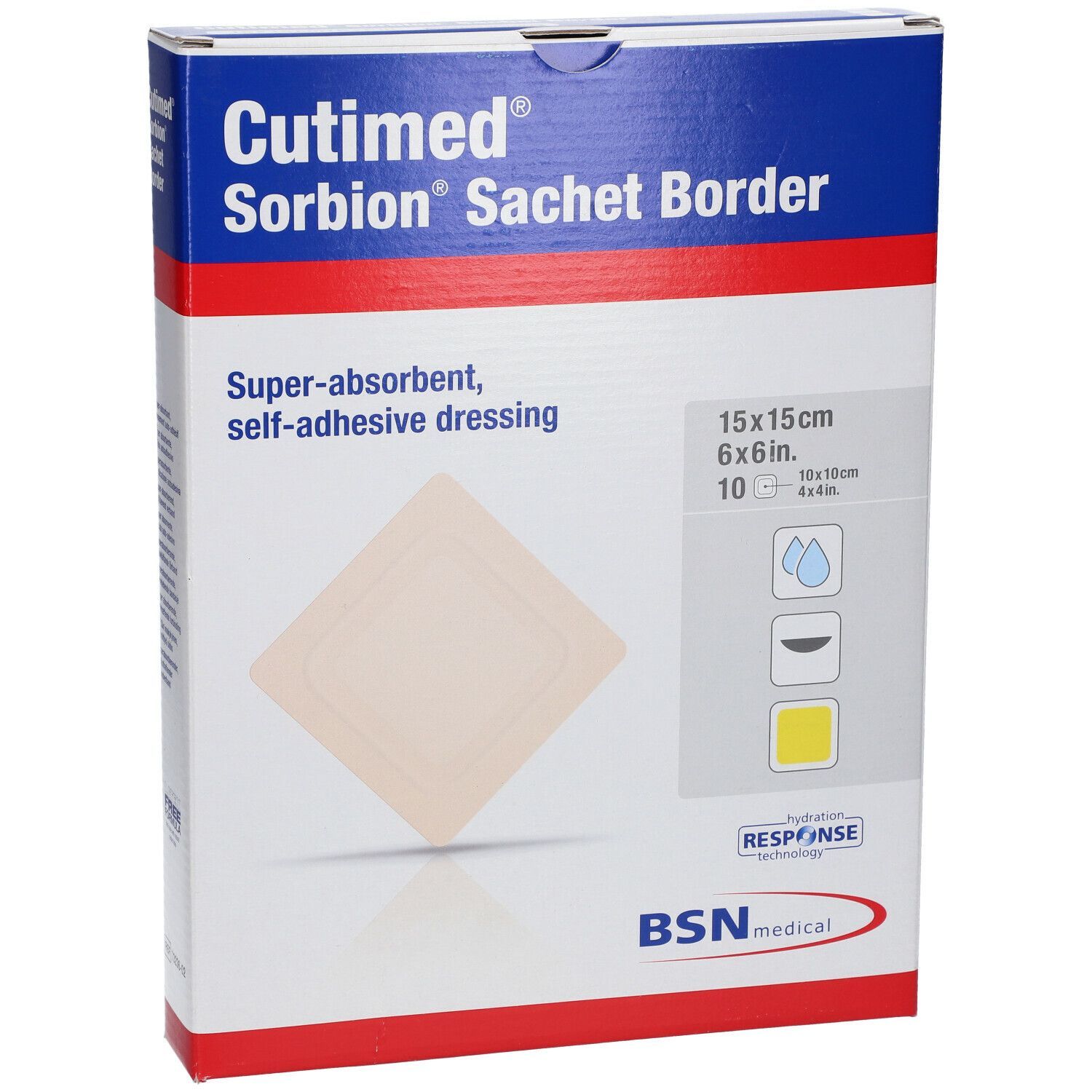 Cutimed Sorbion Sachet Border Verpackung. Box mit Produktabbildung und Informationen. BSN medical Logo. Größe: 15x15cm.