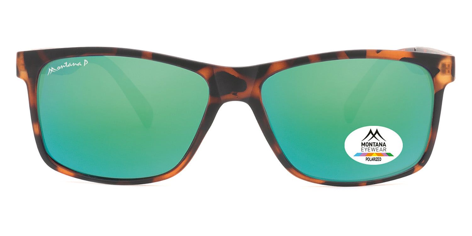 Sonnenbrille mit braunem Rahmen und grünen Gläsern. Logo und Polarized-Aufkleber. Montana Eyewear.