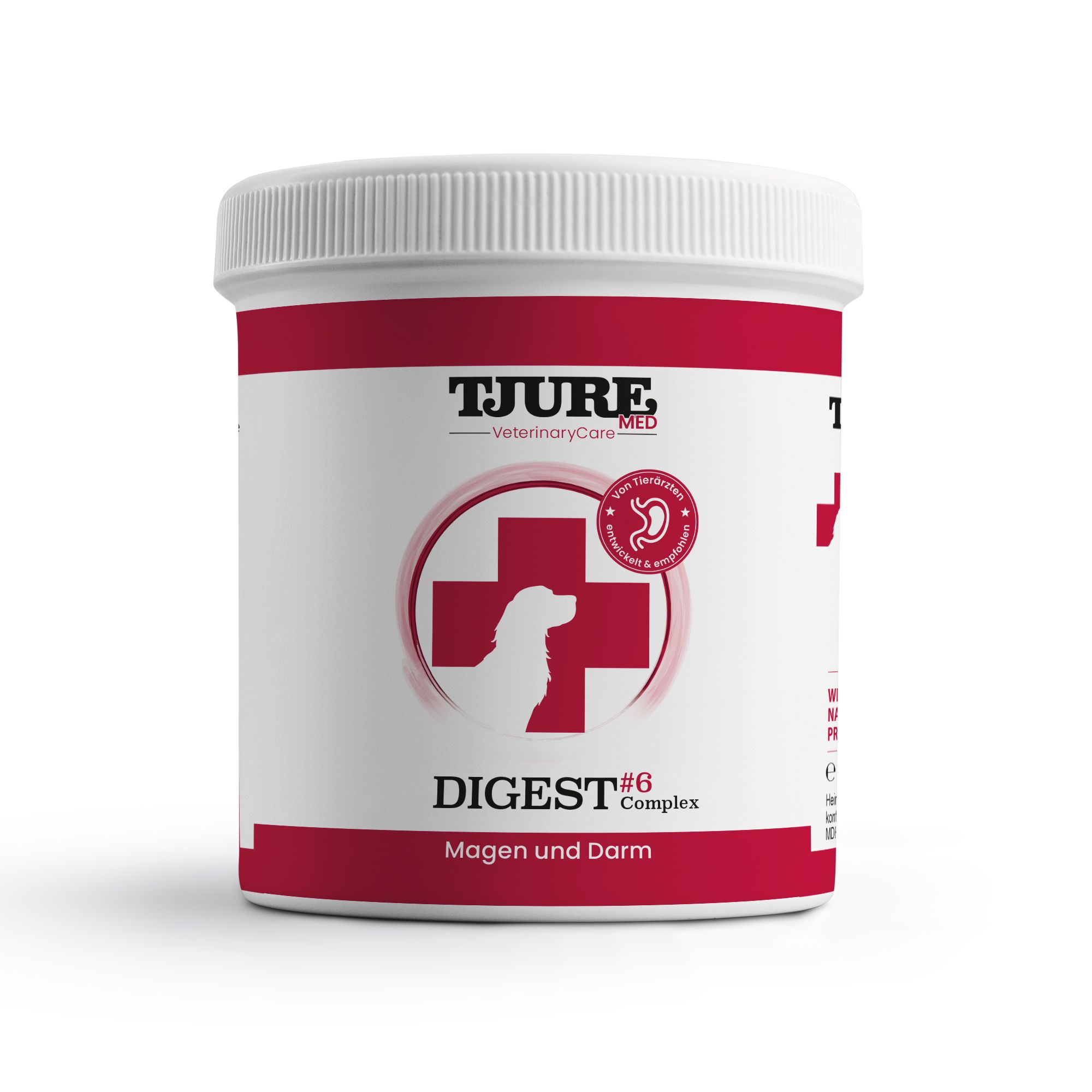 Weißes TJURE MED DIGEST #6 Produkt. Roter Deckel und Schriftzug. Logo mit Hund und Kreuz. Text: Magen und Darm.