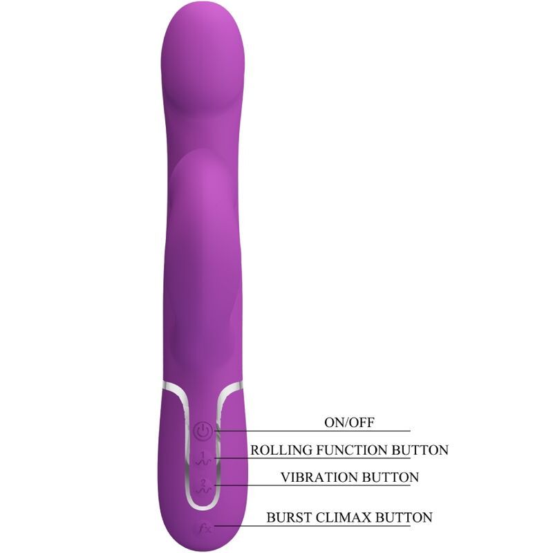 Lila Kaninchen-Vibrator mit Beschriftungen für Tasten: ON/OFF, Rolling, Vibration, Burst.