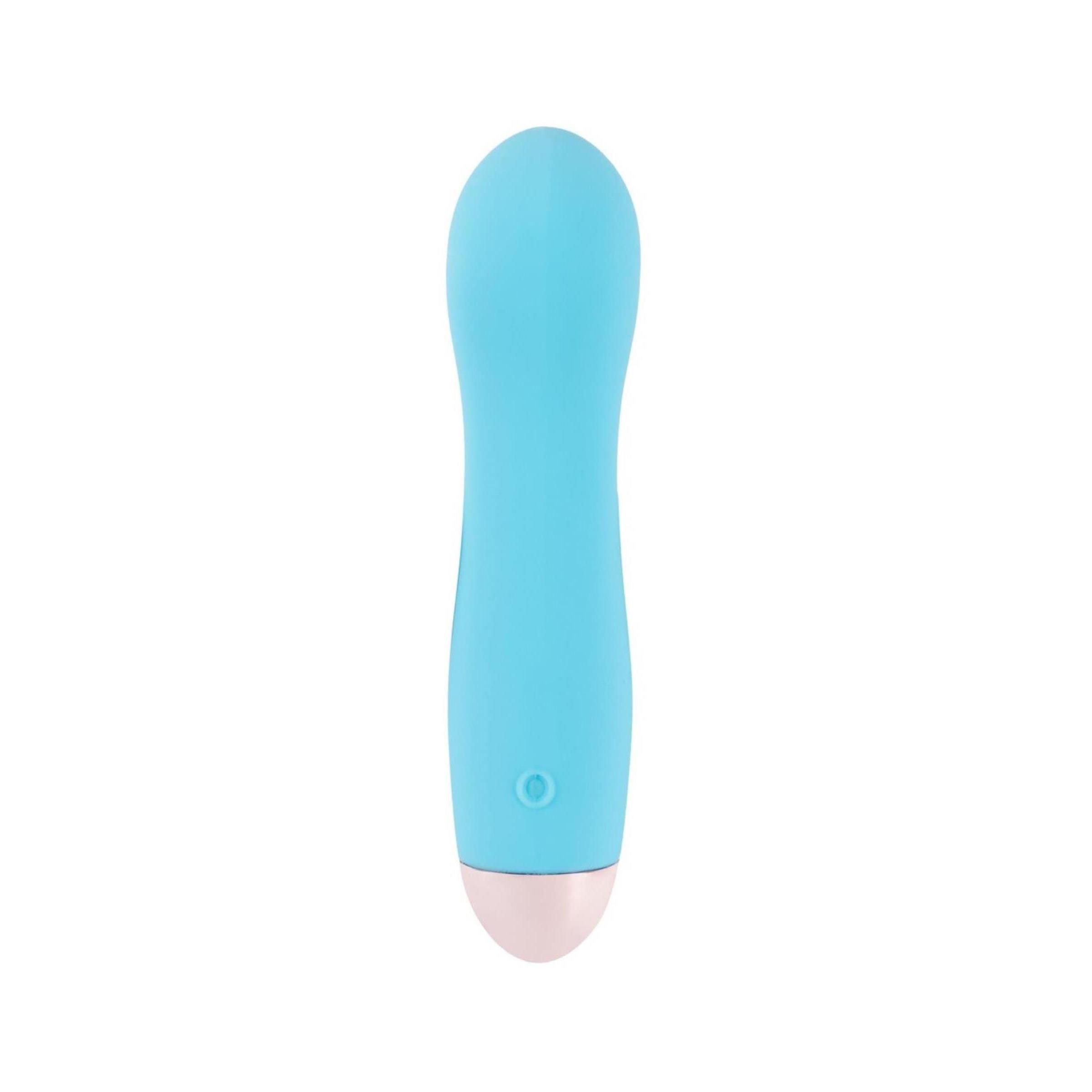 Blauer Vibrator mit rosa Spitze. Auf der Oberfläche befindet sich ein Knopf.