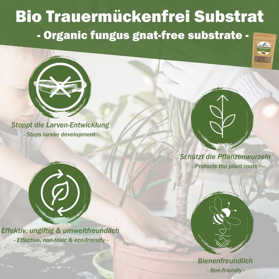 Kreisförmige Grafiken mit Text und Symbolen. Stoppt Larven, schützt Wurzeln, ungiftig, bienenfreundlich.