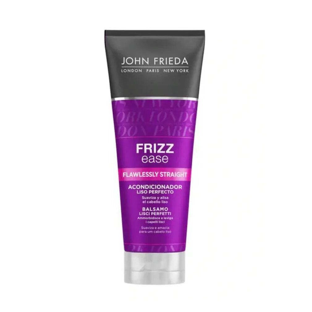 Conditioner-Tube mit John Frieda-Logo. Lila-farbenes Design mit Schriftzug Frizz Ease, Flawlessly Straight und Conditioner.