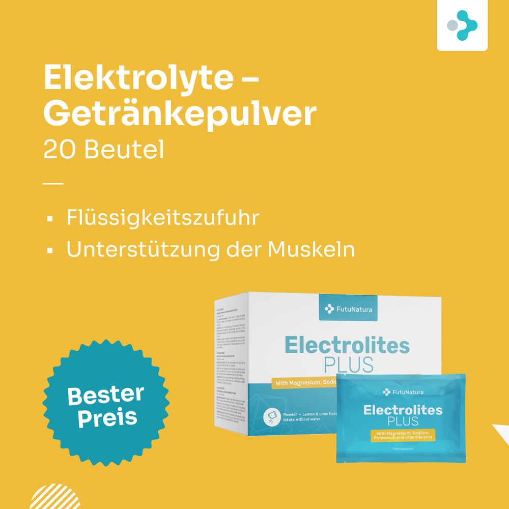 Elektrolyte-Pulver zur Getränkezubereitung. 20 Beutel. Frau trinkt aus einer blauen Flasche. Produktverpackung.