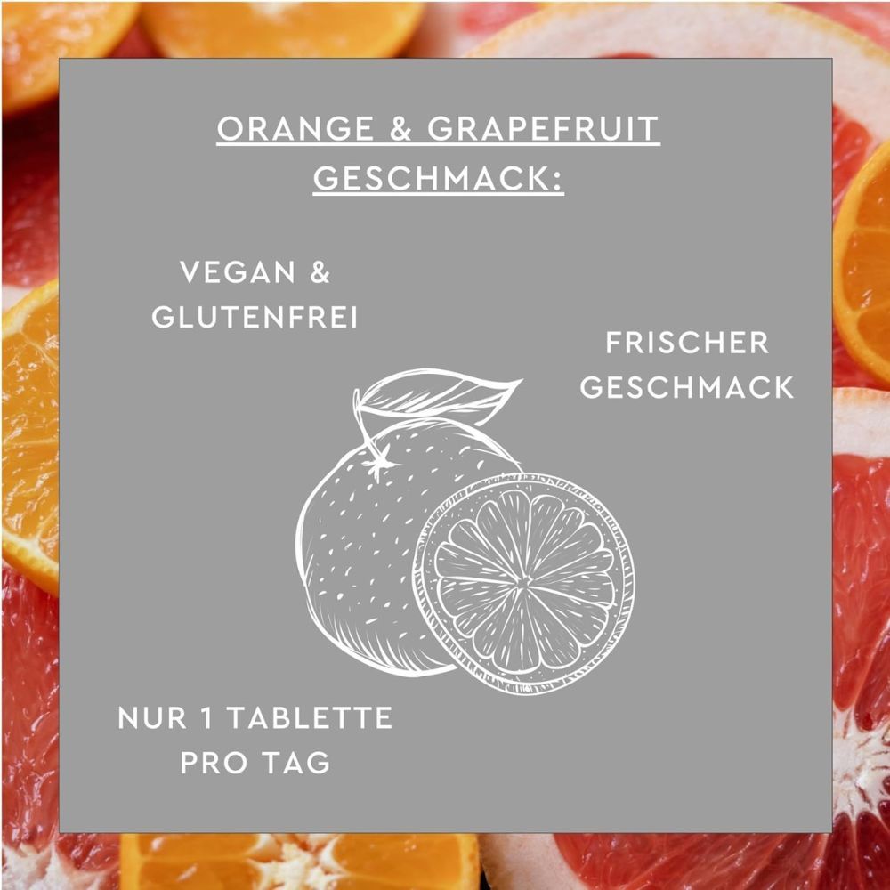 Grafik mit Orangen und Grapefruit. Text: Orange & Grapefruit Geschmack: Vegan & Glutenfrei. Nur 1 Tablette pro Tag.