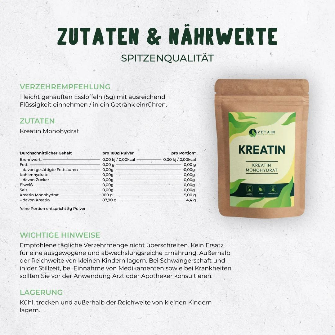 Beutel "Kreatin Monohydrat" neben Text und Nährwerttabelle. Text: "Zutaten & Nährwerte". Marke: VETAIN.