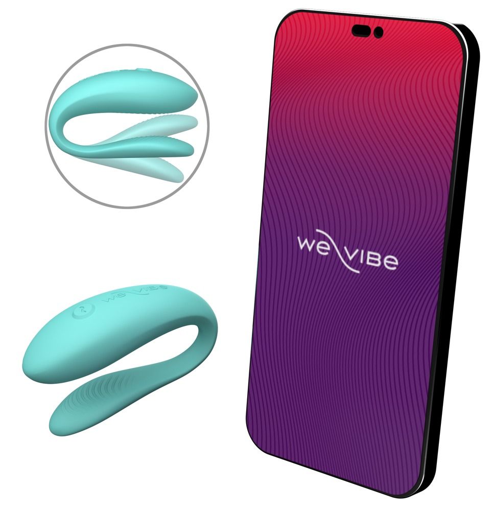 Türkisfarbener Vibrator neben Smartphone. We-Vibe Logo auf dem Telefon. U-Form Vibrator.
