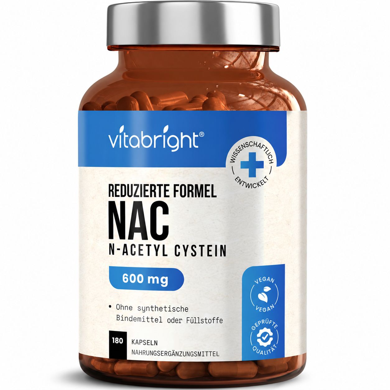 Eine Flasche mit 180 Kapseln NAC N-Acetyl-Cystein, 600 mg. "Reduzierte Formel".