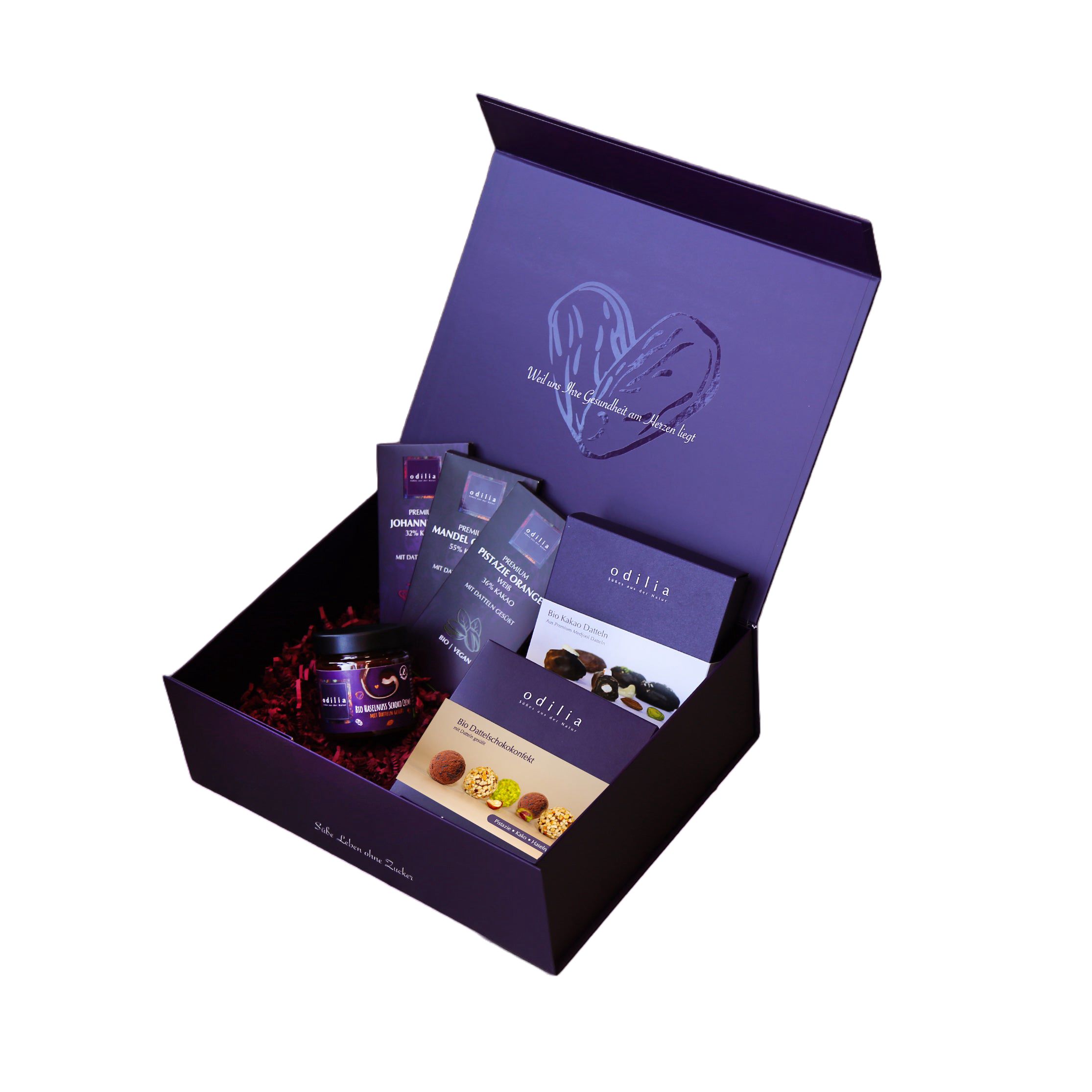 Odilia Geschenkbox mit verschiedenen Pralinen und Schokoladenriegeln.